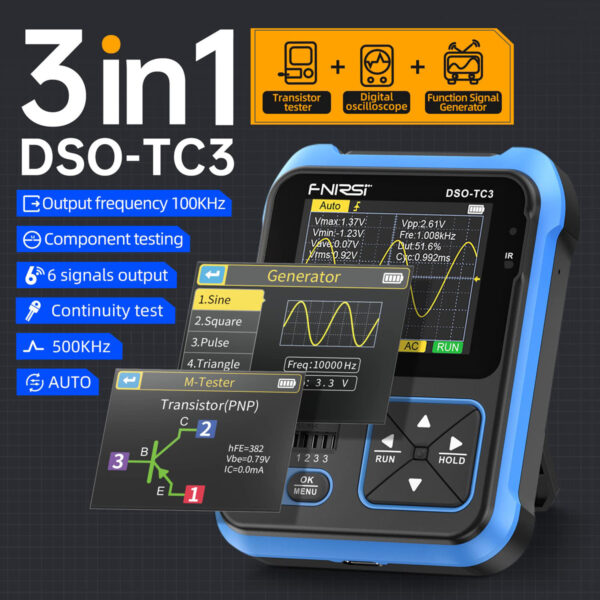 FNIRSI Handheld Digital Oscilloscope DDS Signal Generator Transistor Tester 3in1 500Khz Bandwidth DSO-TC3